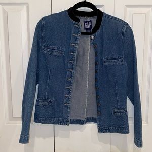 Vintage GAP Womens Denim Jean Jacket Size S Mandarin Collar Velvet Fitted 90s